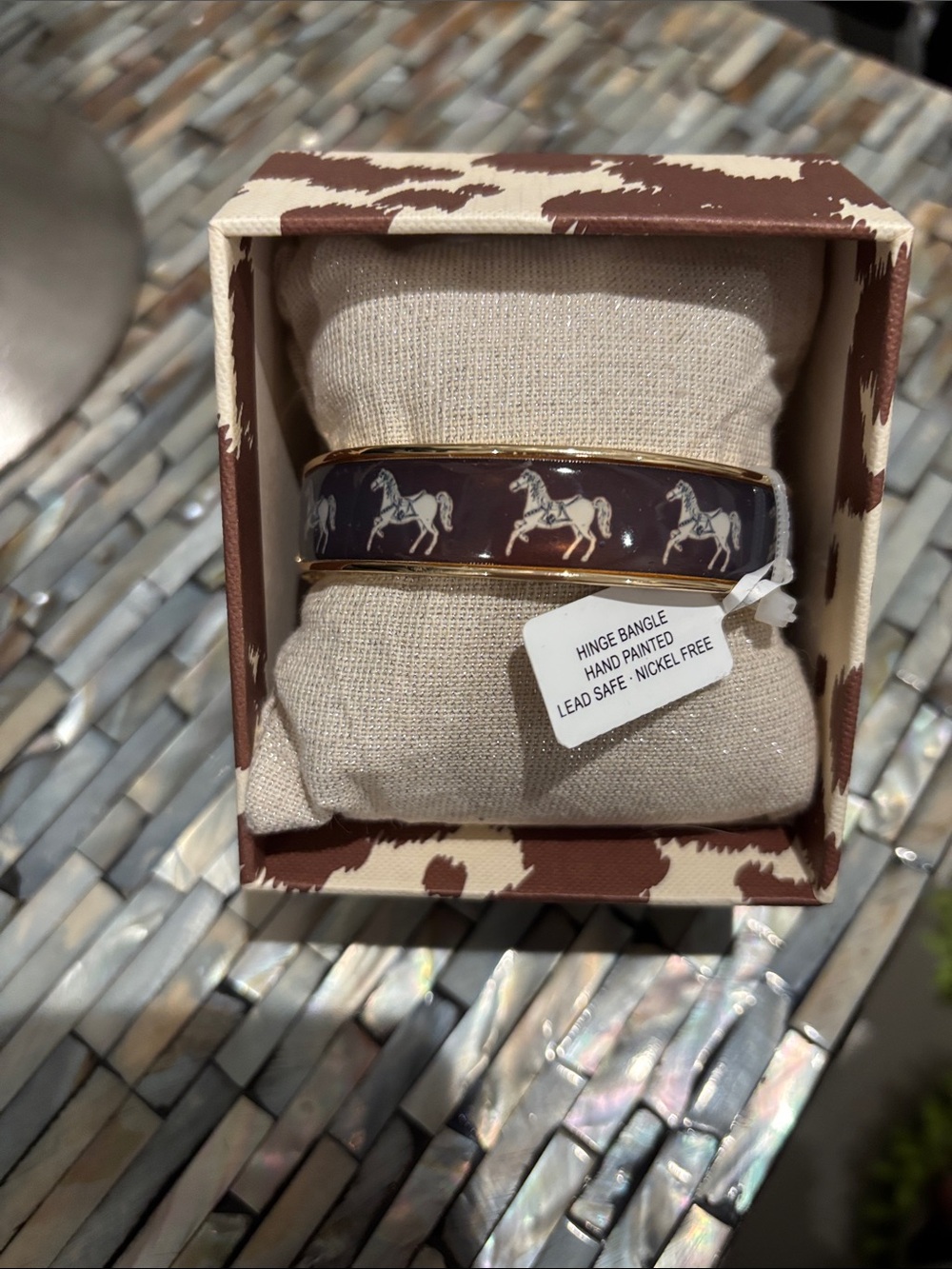 Hand-Painted Brown Equestrian Hinge Bangle Bracelet